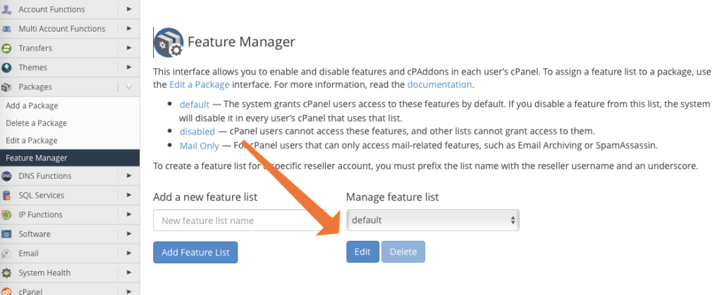 feature manager in WHM