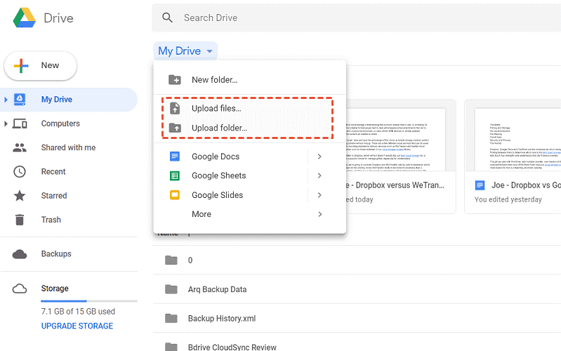 How to upload a ZIP file to Google Drive