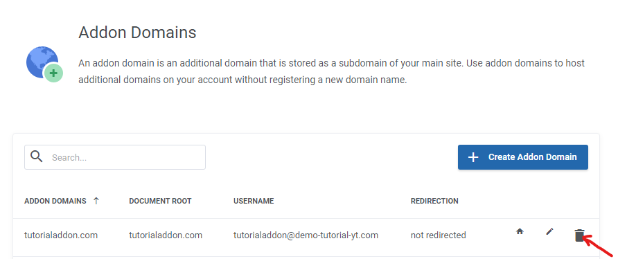 delete addon domain