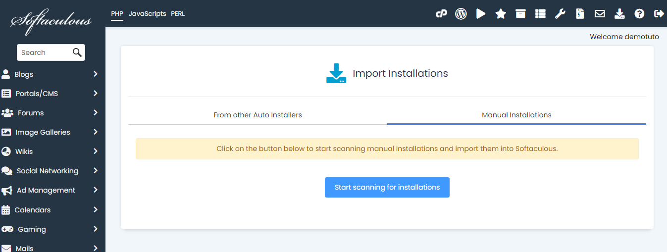 import your existing application installation in Softaculous