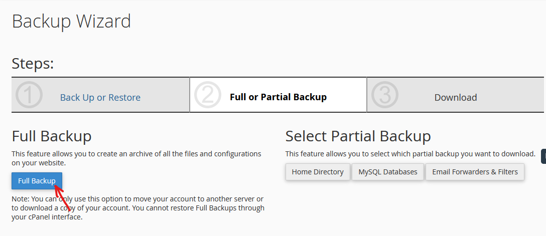 full backup with Backup Wizard in cPanel